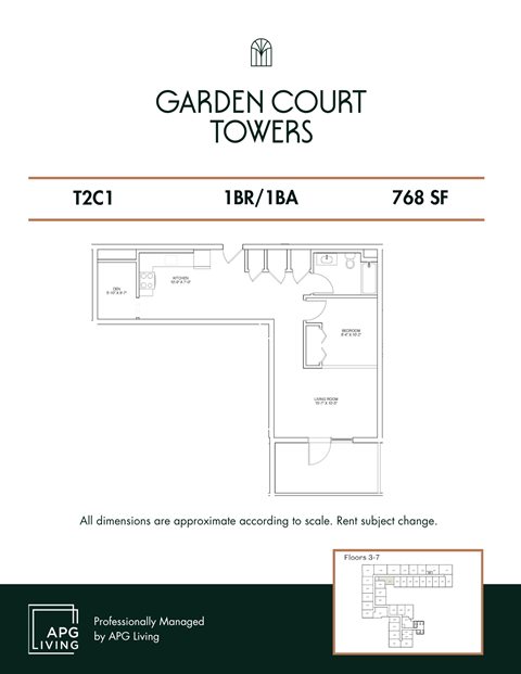 Floor plan for 1 bed, 1 bath, 768 sqft
